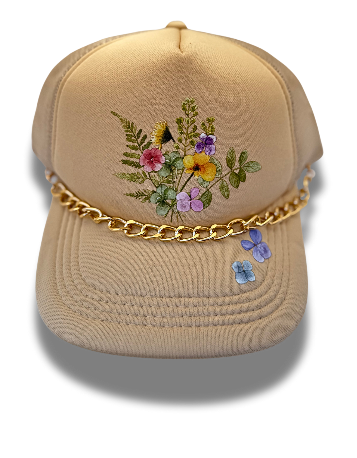 *Custom* Spring Garden Champagne Foam Trucker Hat with Gold Chain