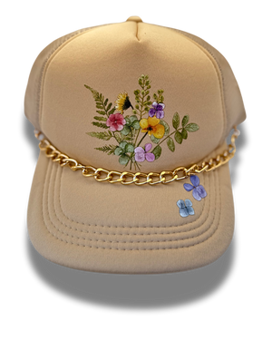 *Custom* Spring Garden Champagne Foam Trucker Hat with Gold Chain