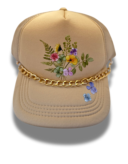 *Custom* Spring Garden Champagne Foam Trucker Hat with Gold Chain