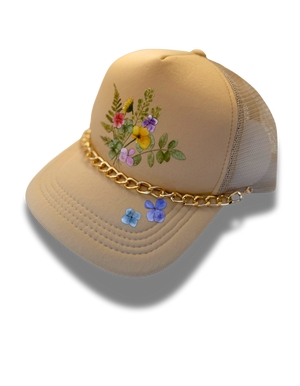 *Custom* Spring Garden Champagne Foam Trucker Hat with Gold Chain