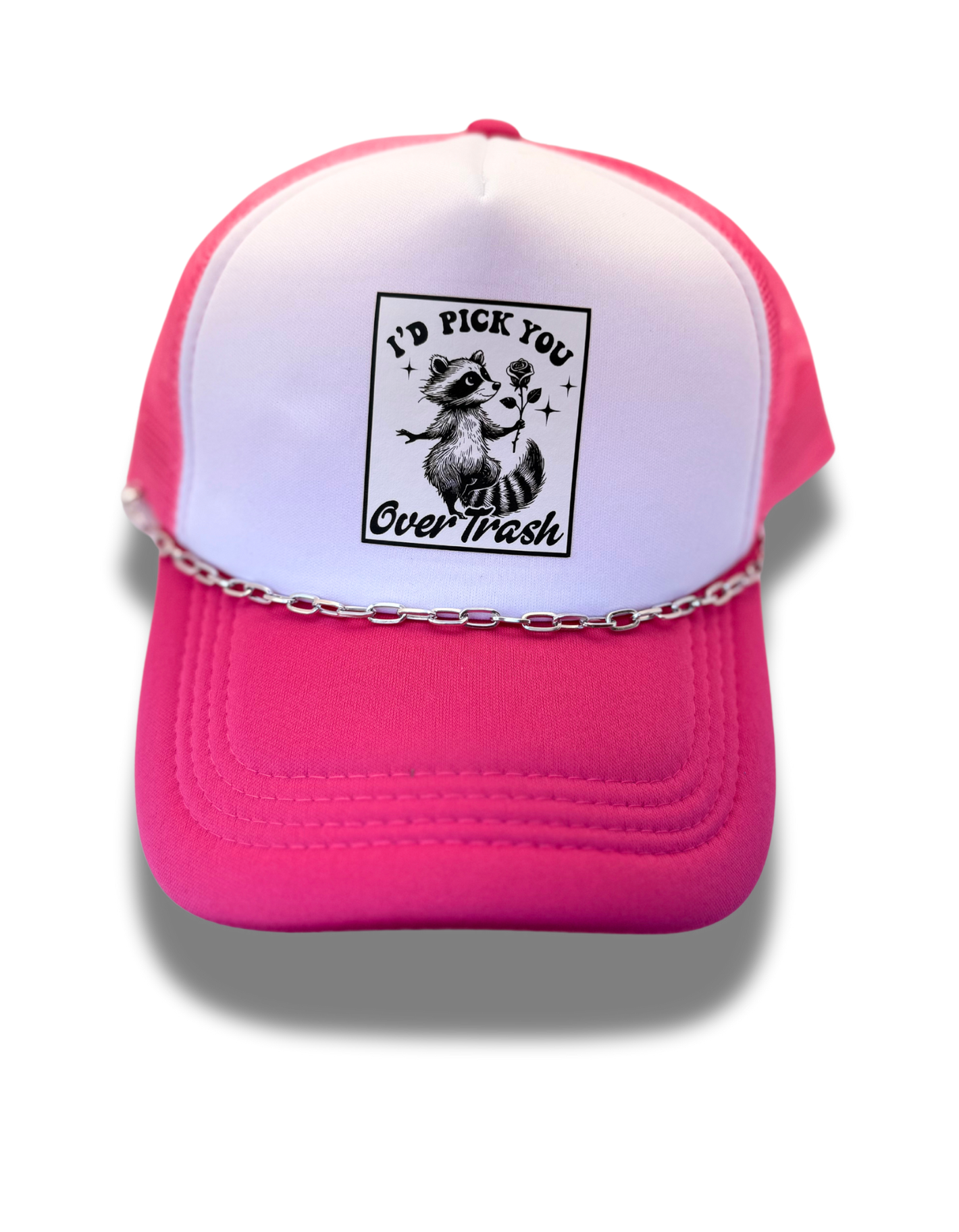 Raccoon "I'd Pick You Over Trash" Pink Foam Trucker Hat with chain