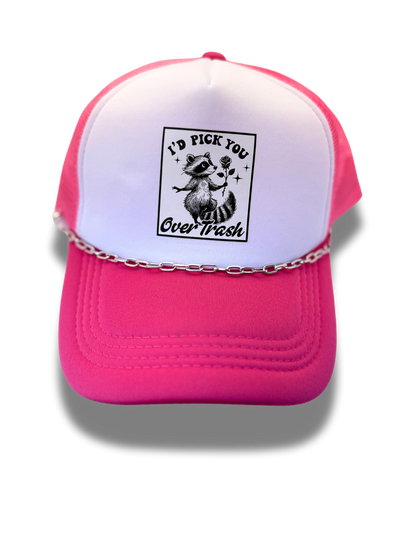 Raccoon "I'd Pick You Over Trash" Pink Foam Trucker Hat with chain