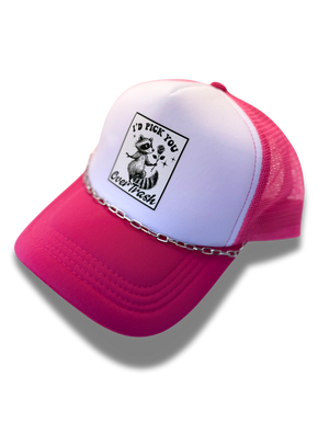 Raccoon "I'd Pick You Over Trash" Pink Foam Trucker Hat with chain