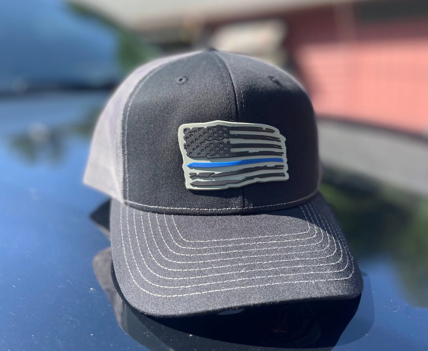 Thin Blue Line Police PVC Patch Hat - Black/Gray Mesh