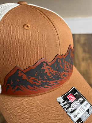 Mountain Range Hat | Mountains Hat | Mountain Range Leather Patch Hat | Christmas Hat | Hat for dad | Hikers hat | Hat for mountain hiker