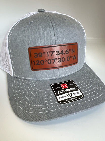 Customized Coordinates Hat | Customized Gift Leather Patch Hat | GPS Coordinates Gift Idea | Richardson 112 Leather Patch Trucker Hat